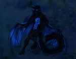  5_fingers akryl anthro black_fur blue_background digitigrade fur hibbary horn hybrid isvoc male membranous_wings nude simple_background solo standing unknown_species wings 