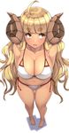  :o ahoge alternate_costume anila_(granblue_fantasy) arms_behind_back bangs bare_arms bare_legs bare_shoulders barefoot bikini blonde_hair blunt_bangs blush breasts cleavage collarbone draph eyebrows eyebrows_visible_through_hair foreshortening from_above full_body granblue_fantasy highres horns large_breasts long_hair looking_to_the_side michihasu navel open_mouth perspective red_ribbon ribbon side-tie_bikini simple_background solo standing stomach swimsuit tan thick_eyebrows thigh_gap very_long_hair wavy_hair white_background white_bikini yellow_eyes 