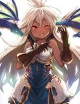  ;d ahoge armor armored_dress blue_dress blush dark_skin dragon dress gloves granblue_fantasy leather leather_gloves long_hair one_eye_closed open_mouth red_eyes simple_background smile solo tgh326 white_background white_hair zooey_(granblue_fantasy) 
