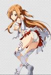  1girl artist_request ass asuna_(sao) bare_shoulders blush boots breasts brown_eyes brown_hair covering covering_breasts detached_sleeves frown half_updo large_breasts leaning leaning_forward long_hair looking_at_viewer open_mouth panties shiny shiny_hair shiny_skin sideboob skirt solo sword_art_online thigh_boots thighhighs torn_clothes torn_thighhighs 