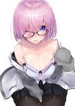  absurdres bad_id bad_pixiv_id bangs bare_shoulders black-framed_eyewear black_legwear blazer blue_eyes blush breasts cleavage collarbone commentary_request eyebrows eyebrows_visible_through_hair eyes_visible_through_hair fate/grand_order fate_(series) from_above glasses hair_behind_eyewear hair_over_one_eye highres jacket kou_mashiro large_breasts long_sleeves looking_at_viewer looking_up mash_kyrielight off_shoulder one_eye_closed open_mouth pantyhose pink_hair pleated_skirt purple_eyes short_hair signature simple_background sitting skirt sleeves_past_wrists solo strap_slip wavy_mouth white_background 
