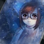  anyezi bangs black-framed_eyewear brown_eyes brown_hair cold commentary eyelashes glasses hair_bun in_container labcoat mei_(overwatch) overwatch parted_lips pink_lips ribbed_sweater sidelocks smile solo steam sweater swept_bangs teeth upper_body water_drop 