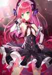  armpits black_dress blush breasts claws commentary_request curled_horns detached_sleeves dress elizabeth_bathory_(fate) elizabeth_bathory_(fate)_(all) eyebrows eyebrows_visible_through_hair fate/extra fate/extra_ccc fate_(series) flower frilled_sleeves frills green_eyes hair_ribbon hand_on_hip highres horns layered_dress long_hair looking_at_viewer petals pink_hair pointy_ears red_flower red_rose ribbon rin_yuu rose rose_petals signature small_breasts solo tail twitter_username underboob 