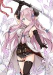  black_legwear blue_eyes breasts bug butterfly draph dress elbow_gloves gloves granblue_fantasy hair_ornament hair_over_one_eye horns insect katana large_breasts lavender_hair light_smile long_hair looking_at_viewer narmaya_(granblue_fantasy) outstretched_hand pointy_ears sidelocks single_thighhigh solo sword thigh_strap thighhighs wataame27 weapon white_dress 