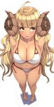  :o ahoge alternate_costume anila_(granblue_fantasy) arms_behind_back bangs bare_arms bare_legs bare_shoulders barefoot bikini blonde_hair blunt_bangs blush breasts cleavage collarbone draph eyebrows eyebrows_visible_through_hair foreshortening from_above full_body granblue_fantasy horns large_breasts long_hair looking_to_the_side michihasu navel open_mouth perspective red_ribbon ribbon side-tie_bikini simple_background solo standing stomach swimsuit thick_eyebrows thigh_gap very_long_hair wavy_hair white_background white_bikini yellow_eyes 