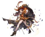  ange_d'erlanger boots brown_eyes brown_hair cape confetti detached_sleeves frills full_body granblue_fantasy hat juliet_sleeves long_hair long_sleeves looking_at_viewer looking_back minaba_hideo official_art open_mouth puffy_sleeves pumpkin shorts smile solo sparkle sword transparent_background weapon white_legwear 
