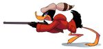  albadune alpha_channel anthro avian barefoot beak bird black_feathers bottomless clothed clothing daffy_duck duck feathers gun hat holding_object holding_weapon looney_tunes male orange_skin ranged_weapon shotgun side_view simple_background solo transparent_background walking warner_brothers weapon 