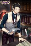  black_pants book bookshelf brown_hair company_name copyright_name cup desk formal gearous indoors lamp male_focus necktie open_book open_mouth pants papers pen purple_eyes ruler saibai_shounen solo standing suit tan_vest vest watch white_neckwear wristwatch 