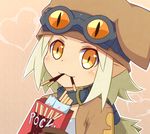  blonde_hair brown_hat choker disgaea doria_(5073726) food food_in_mouth gloves goggles goggles_on_head hat heart jacket long_hair looking_at_viewer mouth_hold orange_background pocky pocky_day pointy_ears smile solo thief_(disgaea) upper_body yellow_eyes 