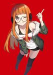  ;q ahoge black_footwear boots breasts cleavage cross-laced_footwear glasses headphones highres jacket knee_boots lace-up_boots long_hair looking_at_viewer medium_breasts one_eye_closed orange_hair persona persona_5 red_background sakura_futaba simple_background solo tadaomi_(amomom) thighhighs tongue tongue_out 