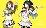  amagi_(kantai_collection) asakawa_(outeq) asymmetrical_gloves asymmetrical_sleeves bad_anatomy black_hair blush breasts brown_hair choker cleavage_cutout closed_eyes commentary dancing fingerless_gloves flower gloves gradient_hair hair_flower hair_ornament hair_ribbon hand_on_own_chest hip_vent kantai_collection katsuragi_(kantai_collection) koi_dance large_breasts long_hair long_sleeves midriff miniskirt mole mole_under_eye multicolored_hair multiple_girls navel pleated_skirt ponytail remodel_(kantai_collection) ribbon round_teeth short_sleeves simple_background skirt smile teeth thighhighs white_ribbon yellow_background zettai_ryouiki 