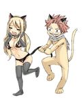  1girl animal_costume animal_ears bell bell_collar bikini blonde_hair blush blush_stickers breasts cat_costume cat_ears cat_tail collar elbow_gloves fairy_tail gloves low_twintails lucy_heartfilia mashima_hiro natsu_dragneel open_mouth paw_print pink_hair scarf sharp_teeth spiked_hair swimsuit tail tail_pull teeth thighhighs twintails wavy_mouth 
