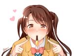  blazer blush brown_eyes brown_hair food heart highres idolmaster idolmaster_cinderella_girls incoming_pocky_kiss jacket long_hair looking_at_viewer mouth_hold one_side_up pocky pocky_day pointing pov school_uniform shimamura_uzuki shiny shiny_hair shirosaba solo 