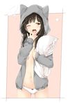  \||/ animal_hood bangs black_hair blunt_bangs blush cat_hood covering_mouth cowboy_shot frilled_pillow frills hand_over_own_mouth holding holding_pillow hood hood_up hooded_jacket jacket long_hair long_sleeves navel no_bra no_pants one_eye_closed open_clothes open_jacket open_mouth original panties pillow pink_background shiina_kuro sleepy solo underwear white_panties yawning yellow_eyes 