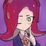  2016 blush clothed clothing female green_eyes humanoid nintendo not_furry octoling one_eye_closed purple_background simple_background smile solo splatoon tentacle_hair tentacles video_games wink にしくんsp 