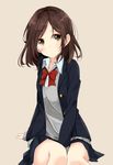  beige_background between_legs blazer blush bow bowtie brown_eyes brown_hair collared_shirt hand_between_legs jacket knees_together long_sleeves original red_bow red_neckwear school_uniform shiina_kuro shirt simple_background sitting skirt solo 