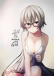  :o arm_support bad_id bad_pixiv_id black-framed_eyewear breasts chemise cleavage collarbone dated glasses gradient gradient_background green_eyes grey_hair large_breasts looking_at_viewer nekobaka nightgown signature sitting solo twitter_username 