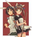  alternate_costume animal_ears apron aqua_eyes back-to-back bad_id bad_pixiv_id black_hair brave_witches broom brown_eyes brown_hair bunny_ears cat_ears cat_tail commentary from_side georgette_lemare hair_ribbon kappougi ladle maid maid_apron maid_headdress multiple_girls open_mouth red_background ribbon shimohara_sadako short_hair simple_background smile suo_(sndrta2n) tail twintails world_witches_series 