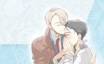  black_hair blush brown_eyes closed_eyes closed_mouth coat covering_mouth hair_over_one_eye kasei_(kasei_0) katsuki_yuuri male_focus md5_mismatch multiple_boys necktie open_clothes open_coat outline red_neckwear silver_hair tearing_up viktor_nikiforov yuri!!!_on_ice 