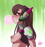  1girl adapted_costume areolae artist_name breasts brown_eyes brown_hair bubble_blowing bubblegum d.va_(overwatch) gradient_background headphones lips long_hair looking_at_viewer nipples oneeyedneko overwatch side_boob solo turtleneck 