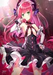  armpits black_dress blush breasts claws curled_horns detached_sleeves dress elizabeth_bathory_(fate) elizabeth_bathory_(fate)_(all) eyebrows eyebrows_visible_through_hair fate/extra fate/extra_ccc fate_(series) flower frilled_sleeves frills green_eyes hair_ribbon hand_on_hip highres horns layered_dress long_hair looking_at_viewer petals pink_hair pointy_ears red_flower red_rose ribbon rin_yuu rose rose_petals signature small_breasts solo tail twitter_username 