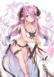  bare_arms bare_shoulders bikini blue_eyes breasts cleavage draph front-tie_top granblue_fantasy hair_over_one_eye horns katana large_breasts lavender_hair leaning_forward light_smile long_hair looking_at_viewer low_twintails narmaya_(granblue_fantasy) solo swimsuit sword thigh_strap thighs twintails very_long_hair wataame27 weapon white_bikini 