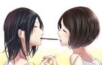  black_hair brown_hair chagataaa closed_eyes commentary_request food multiple_girls original pocky pocky_kiss shared_food short_hair simple_background sleeveless white_background yuri 