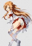  1girl artist_request ass asuna_(sao) bare_shoulders blush boots breasts brown_eyes brown_hair covering covering_breasts detached_sleeves half_updo large_breasts leaning leaning_forward long_hair looking_at_viewer open_mouth panties shiny shiny_hair shiny_skin sideboob skirt solo sword_art_online thigh_boots thighhighs torn_clothes torn_thighhighs 