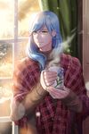  blue_hair blurry bokeh briska cup curtains depth_of_field green_eyes highres long_hair looking_to_the_side male_focus mug plaid plaid_scarf saibai_shounen scarf solo standing steam sunlight turtleneck window 