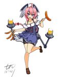  :o ahoge alcohol alternate_costume beer beer_mug bike_shorts braid commentary_request dirndl eyebrows food fork full_body german_clothes headgear kantai_collection long_hair machinery nenohi_(kantai_collection) pink_hair purple_eyes sausage solo standing standing_on_one_leg thick_eyebrows tun white_background 