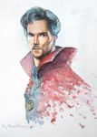  absurdres anaiasane beard benedict_cumberbatch black_eyes cloak doctor_strange facial_hair grey_hair high_collar highres lips looking_to_the_side male_focus marvel signature solo traditional_media upper_body watercolor_(medium) white_background 