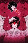  1girl black_eyes black_hair blood bloody_tears brown_hair closed_eyes death demon_boy demon_wings devilman eyebrows fudou_akira hairband makimura_miki severed_head short_hair sideburns spoilers tongjaera wings 