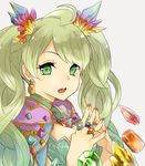  :o ahoge bad_id bad_twitter_id bangs breasts chestnut_mouth cleavage crystal de_la_fille diamond_(shape) earrings fingers_together gem granblue_fantasy green_eyes green_hair hair_ornament jewelry long_hair looking_at_viewer medium_breasts nail_polish open_mouth orange_nails ring solo teeth twintails upper_body yakota 