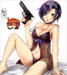  babydoll bare_shoulders beretta_92 black_hair black_panties blue_eyes chamochi fate/grand_order fate_(series) fujimaru_ritsuka_(female) gun handgun holding holding_gun holding_weapon lingerie looking_at_viewer multiple_girls navel panties riyo_(lyomsnpmp)_(style) riyo_servant_(babydoll) shiny shiny_skin short_hair sitting strap_slip translation_request twitter_username underwear weapon 