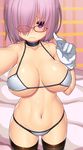  absurdres alternate_costume asamura_hiori bespectacled bikini black_legwear breasts commentary fate/grand_order fate_(series) from_above frown glasses gloves hair_over_one_eye halter_top halterneck highres large_breasts look-alike looking_at_viewer mash_kyrielight micro_bikini midriff navel purple_eyes purple_hair reaching_out self_shot shiny shiny_clothes shiny_skin short_hair skindentation solo swimsuit thighhighs thighs underboob white_gloves 