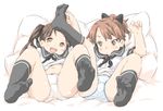  ass ayanami_(kantai_collection) black_legwear blue_panties brown_eyes brown_hair feet flat_chest ham_(points) kantai_collection kneehighs legs_up long_hair lying multiple_girls navel no_pants no_shoes on_back open_mouth panties pillow polka_dot polka_dot_panties ponytail ribbon school_uniform serafuku shikinami_(kantai_collection) shirt short_hair smile spread_legs toe_scrunch toes twintails underwear white_panties 