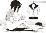  bag bed blush bottomless breath cellphone dosu gakuen_kino hanger kino kino_no_tabi masturbation monochrome nipples school_uniform shirt shirt_lift small_breasts sweat 