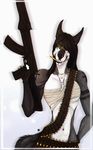  anthro bandage canine clothed clothing female fur gun hair looking_at_viewer mammal ranged_weapon rifle smile solo unistaart weapon wide_hips 