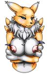  2016 absurd_res alpha_channel anthro areola bare_shoulders big_breasts black_nose black_sclera blue_eyes breasts canine claws digimon erect_nipples female fox fur happyanthro hi_res looking_at_viewer mammal navel nipples nude renamon smile solo white_fur yellow_fur 