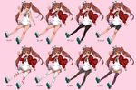  adapted_costume alternate_legwear bare_shoulders bike_shorts black_legwear brown_eyes brown_hair dress garter_straps hair_ribbon hat kantai_collection libeccio_(kantai_collection) long_hair looking_at_viewer multiple_persona multiple_views open_mouth pantyhose pink_background red_sweater ribbon sailor_dress shoes sleeveless striped striped_legwear sweater thighhighs translated tun twintails variations white_legwear 