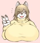  amad_no_moto anthro big_breasts blush breasts canine eyes_closed female huge_breasts mammal mature_female open_mouth smile solo v_sign 