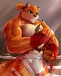  2019 abs anthro biceps canid canine clothed clothing fur hi_res male mammal muscular muscular_male pecs solo waddledox 