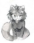  2016 anthro clothed clothing drawing female fur greyscale lin looking_at_viewer mammal monochrome red_panda shaded smile solo standing traditional_media_(artwork) wunderknodel 