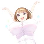  1girl arms_up bouncing_breasts breasts brown_eyes brown_hair chromatic_aberration large_breasts narusawa_ryouka occultic;nine short_hair simple_background smile solo star teeth white_background 