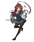  :d ahoge alternate_costume black_legwear brown_hair cannon cosplay fish full_body huge_ahoge kantai_collection kuma_(kantai_collection) long_hair necktie open_mouth pantyhose pleated_skirt red_eyes sailor_collar salmon_(fish) skirt smile solo standing standing_on_one_leg tama_(kantai_collection) tama_(kantai_collection)_(cosplay) thighband_pantyhose tun turret v-shaped_eyebrows 