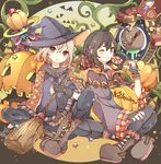  absurdres ahoge bad_id bad_pixiv_id bat black_hair blue_nails boots braid broom candy clock cross-laced_footwear fingerless_gloves food gloves halloween hat highres hiro_(14806390) honebami_toushirou indian_style jack-o'-lantern lace-up_boots lollipop male_focus multiple_boys nail_polish namazuo_toushirou one_eye_closed ponytail purple_eyes red_nails scarf sitting smile star touken_ranbu white_hair witch_hat 