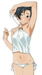  androgynous anime_coloring armpits arms_up bikini black_hair blush breasts cel_shading closed_mouth halter_top halterneck iridatsu_yuuta navel o-ring o-ring_top punch_line red_eyes short_hair side-tie_bikini simple_background small_breasts solo string_bikini swimsuit uraketa white_background 