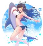  1girl ass bare_shoulders belt belt_pouch bikini black_bikini black_hair blake_belladonna boots fang fangs hair_ribbon highres iesupa long_hair midriff pouch ribbon rwby scar scrunchie shark solo stuffed_animal stuffed_toy swimsuit thigh_boots thighhighs toy water yellow_eyes 