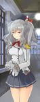  beret buttons epaulettes gloves grey_eyes hands_together hat jacket kantai_collection kashima_(kantai_collection) kerchief lights looking_at_viewer neckerchief pleated_skirt shiosoda sidelocks silver_hair skirt smile solo standing tsurime twintails wavy_hair window 
