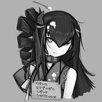  ancient_destroyer_hime collar commentary drill_hair grey_background greyscale kantai_collection long_hair monochrome one_eye_closed pet_shaming shinkaisei-kan solo spoon suggestive_fluid translated tun upper_body white_eyes wince yogurt 